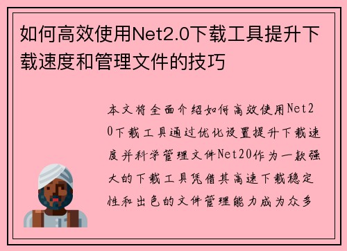 如何高效使用Net2.0下载工具提升下载速度和管理文件的技巧 如何高效使用Net2.0下载工具提升下载速度和管理文件的技巧